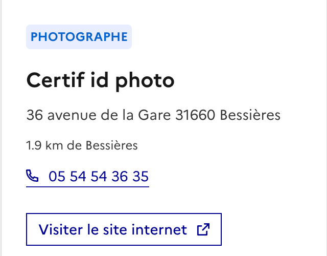 Capture du site officiel de l’ANTS : Certif id photo, photographe, 36 avenue de la Gare, 31660 Bessières