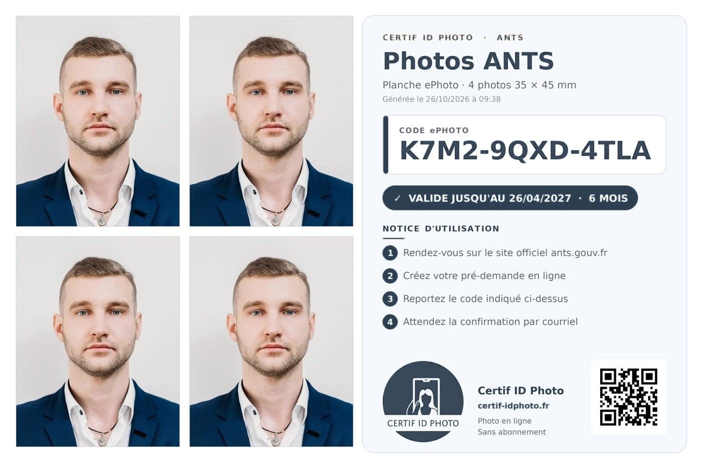 Planche photo d’identité avec code ePhoto ANTS